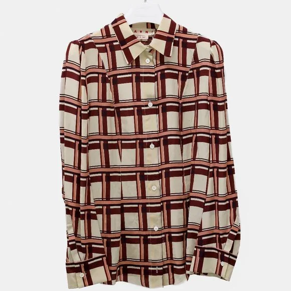 Marni Cream Plaid Silk Blouse - Picture 2 of 13